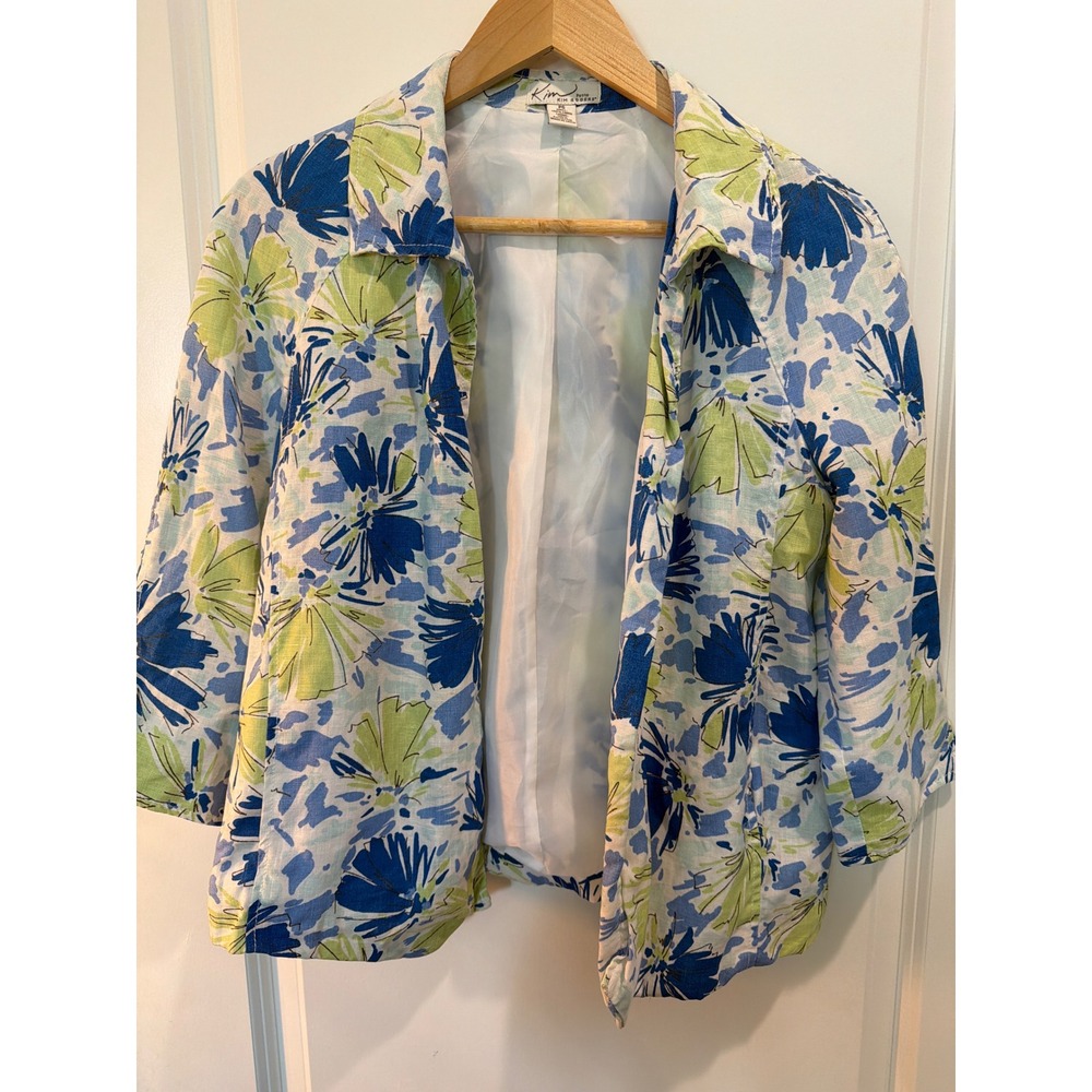 Kim Rogers Petite Blue Lime Green Floral Linen Blazer Jacket PS